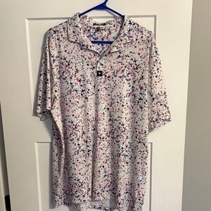 Bad Birdie White Polo with Colorful Splatter